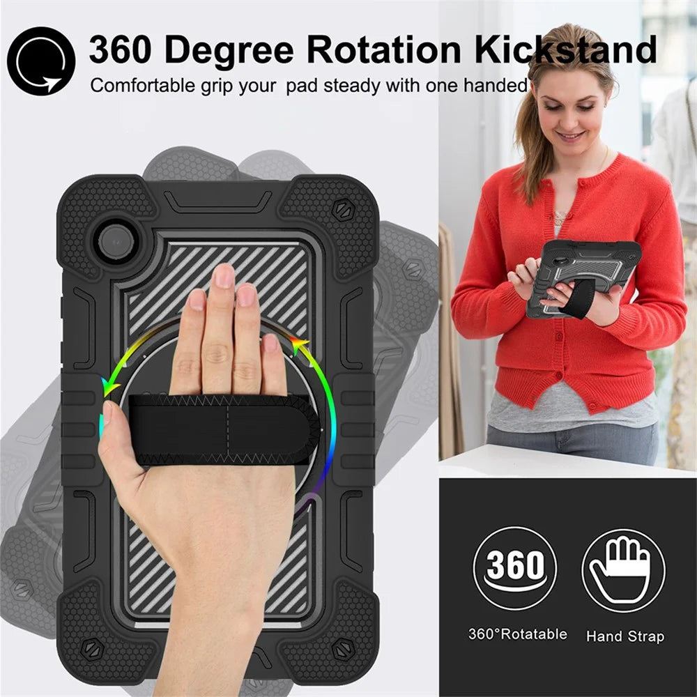 For Samsung Galaxy Tab A11 / A9 Rugged Kickstand Case Silicone+PC Tablet Cover with Wrist Band / Shoulder Strap - All Black - 2