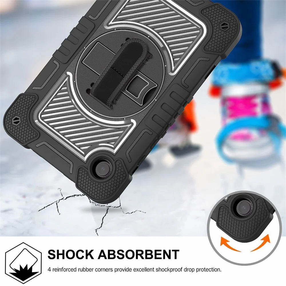 For Samsung Galaxy Tab A11 / A9 Rugged Kickstand Case Silicone+PC Tablet Cover with Wrist Band / Shoulder Strap - All Black - 3
