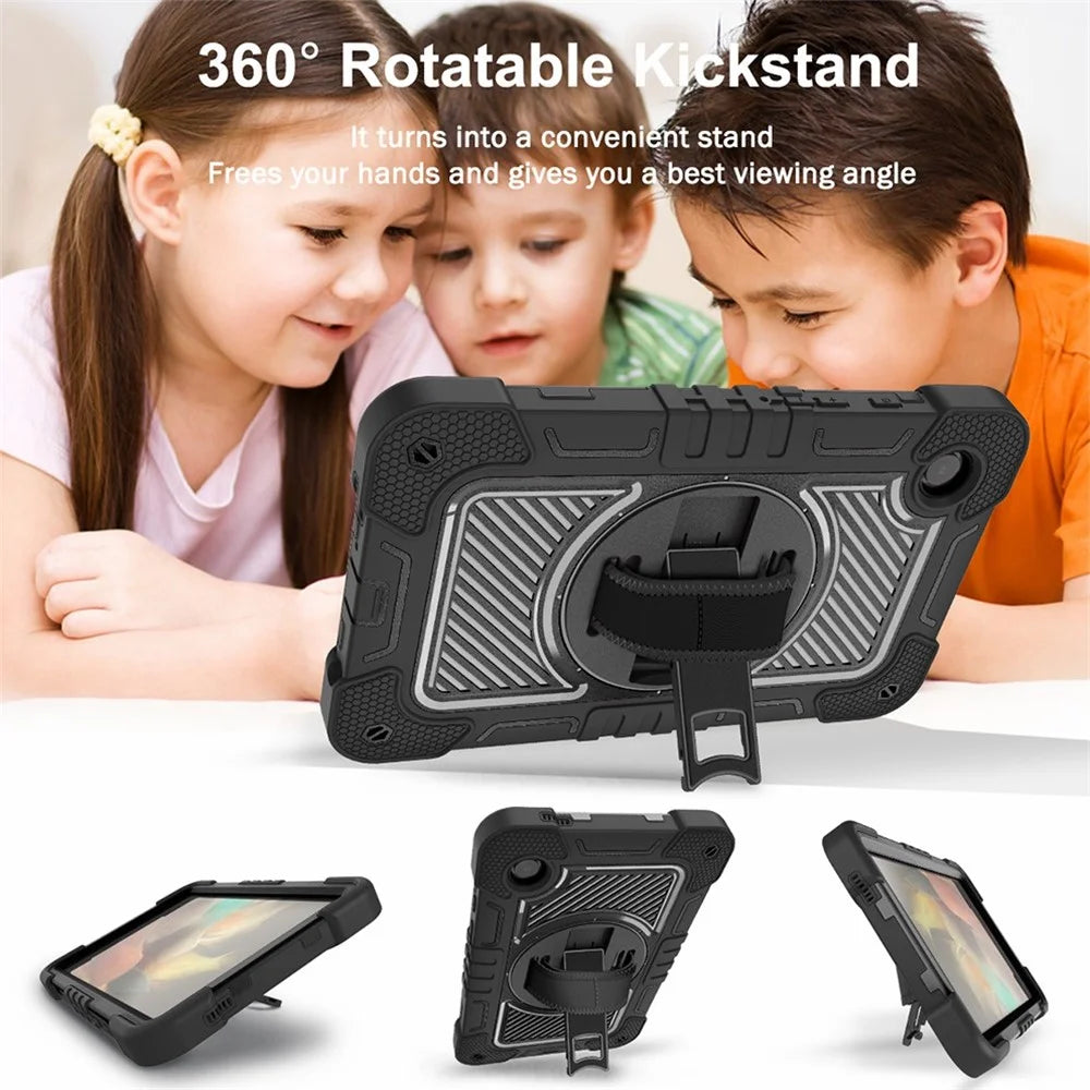 For Samsung Galaxy Tab A11 / A9 Rugged Kickstand Case Silicone+PC Tablet Cover with Wrist Band / Shoulder Strap - All Black - 4