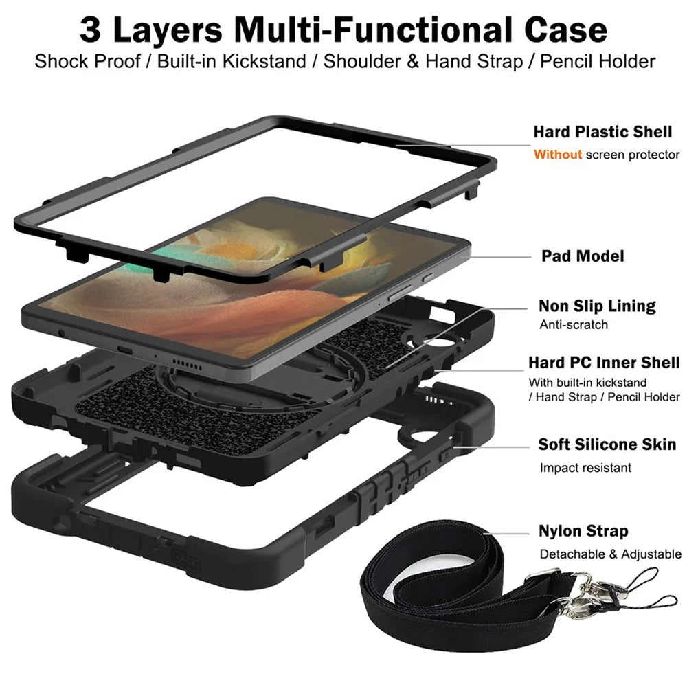 For Samsung Galaxy Tab A11 / A9 Rugged Kickstand Case Silicone+PC Tablet Cover with Wrist Band / Shoulder Strap - All Black - 5
