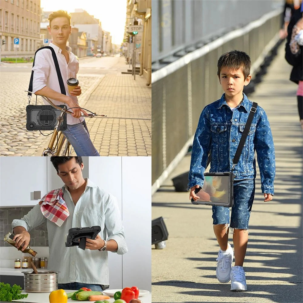 For Samsung Galaxy Tab A11 / A9 Rugged Kickstand Case Silicone+PC Tablet Cover with Wrist Band / Shoulder Strap - All Black - 6