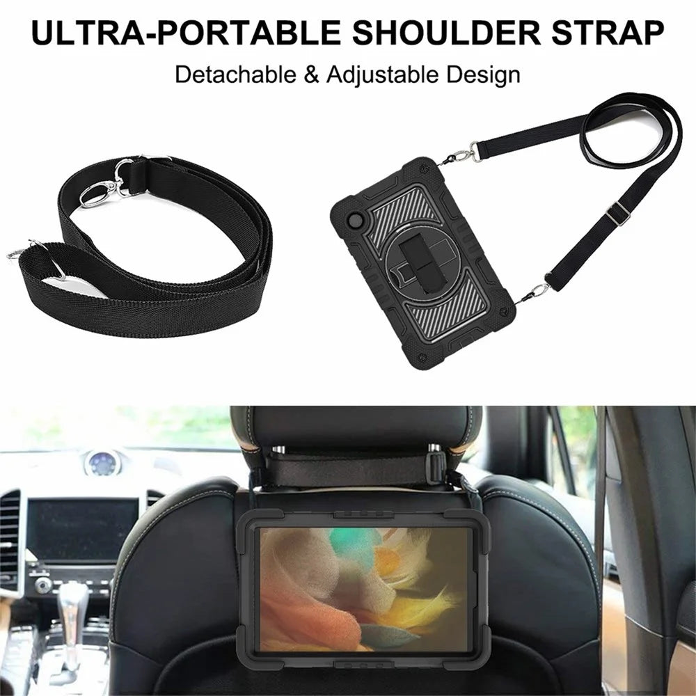 For Samsung Galaxy Tab A11 / A9 Rugged Kickstand Case Silicone+PC Tablet Cover with Wrist Band / Shoulder Strap - All Black - 7