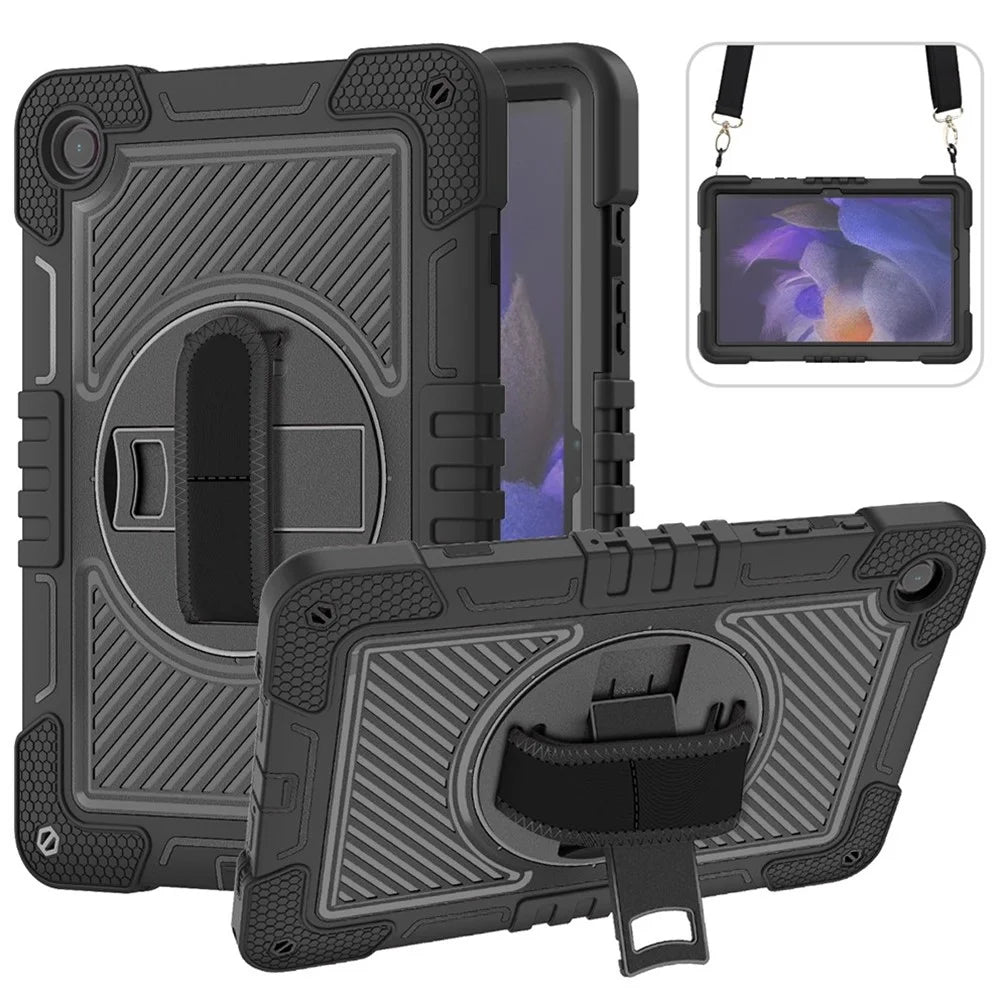 For Samsung Galaxy Tab A11+ / A9+ Kickstand Case Silicone+PC Protective Cover with Wrist Band / Shoulder Strap - All Black - 1