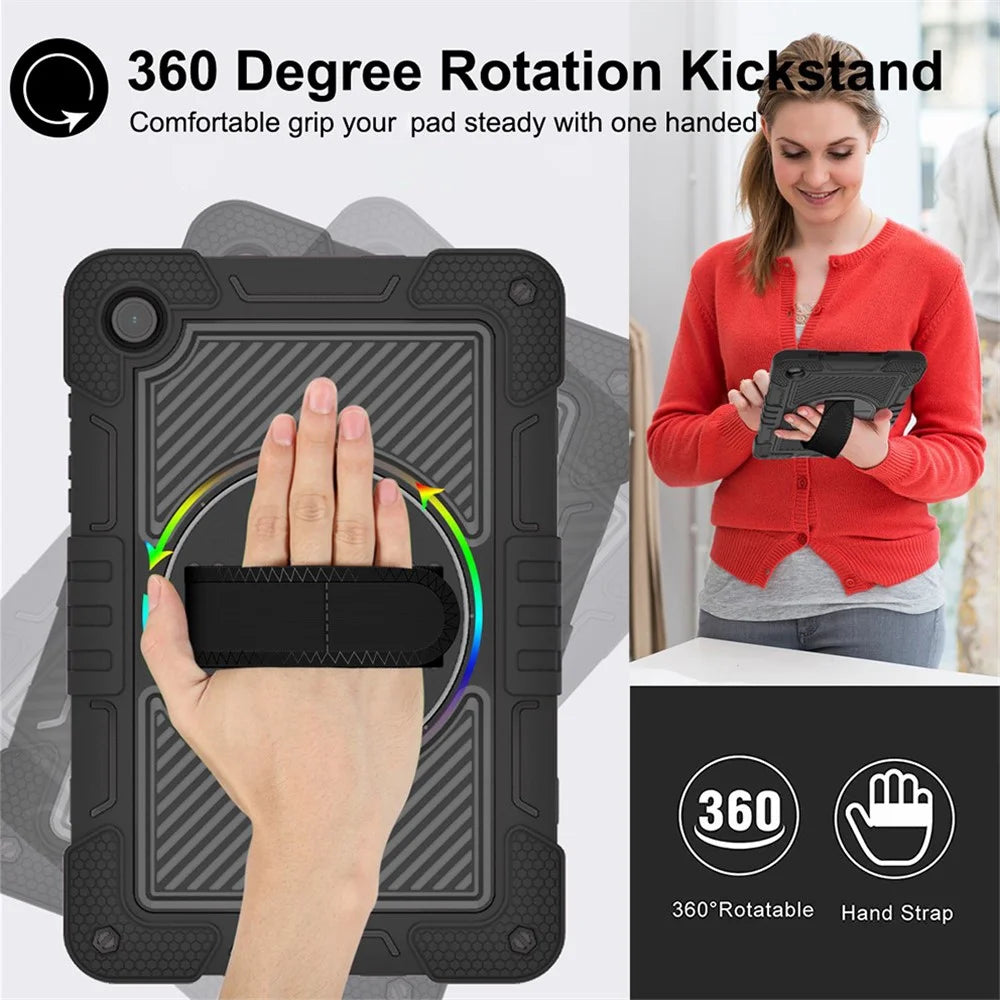 For Samsung Galaxy Tab A11+ / A9+ Kickstand Case Silicone+PC Protective Cover with Wrist Band / Shoulder Strap - All Black - 2
