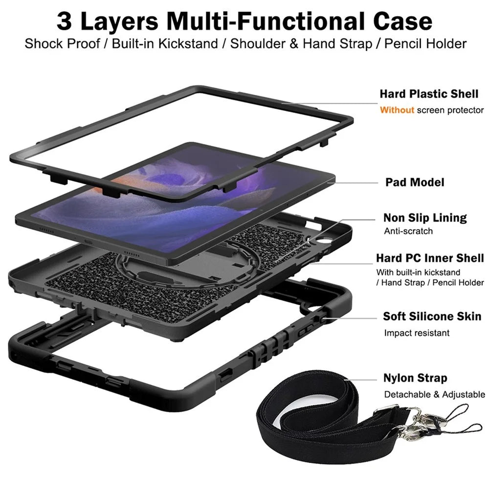 For Samsung Galaxy Tab A11+ / A9+ Kickstand Case Silicone+PC Protective Cover with Wrist Band / Shoulder Strap - All Black - 5