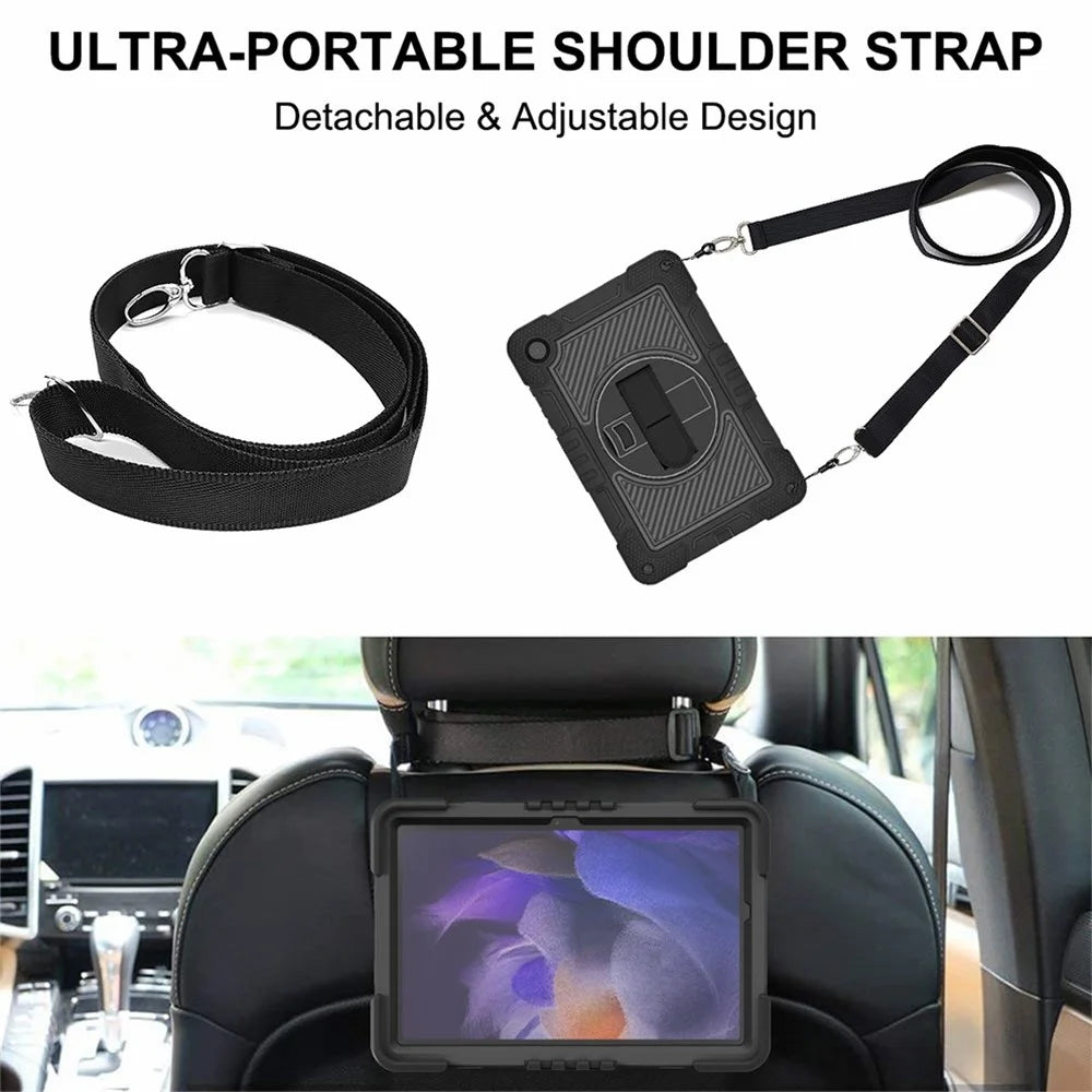 For Samsung Galaxy Tab A11+ / A9+ Kickstand Case Silicone+PC Protective Cover with Wrist Band / Shoulder Strap - All Black - 7