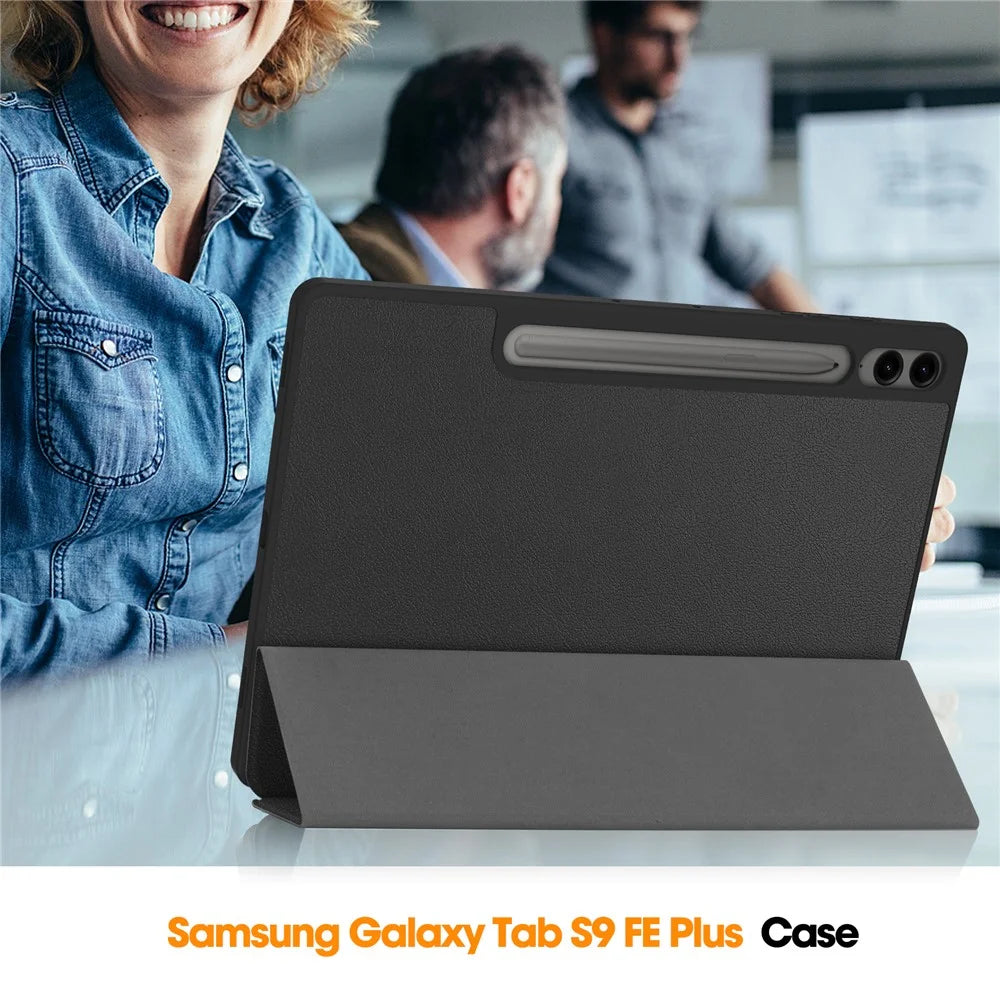 For Samsung Galaxy Tab S9 FE+ / Tab S9+ Case PU Leather+TPU Auto Sleep / Wake Tablet Cover with Pencil Holder - Black - 7