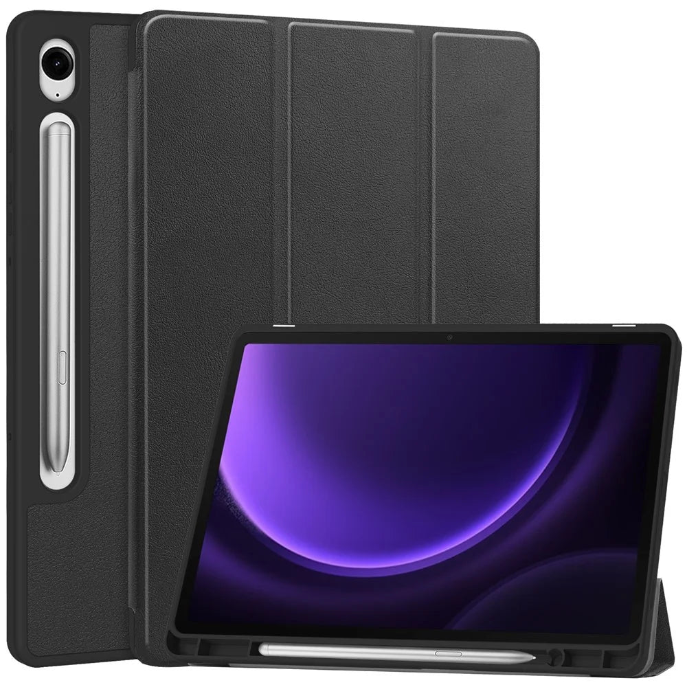 For Samsung Galaxy Tab S10 Lite / S10 FE / S9 FE / Tab S9 Smart Case PU Leather+TPU Trifold Stand Tablet Cover with Pencil Holder - Black - 1