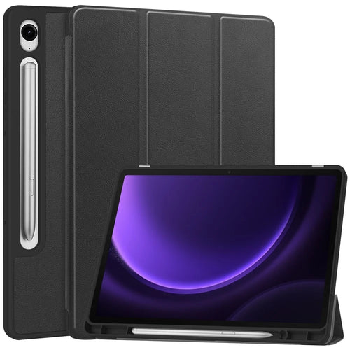 For Samsung Galaxy Tab S10 Lite / S10 FE / S9 FE / Tab S9 Smart Case PU Leather+TPU Trifold Stand Tablet Cover with Pencil Holder - Black - 1