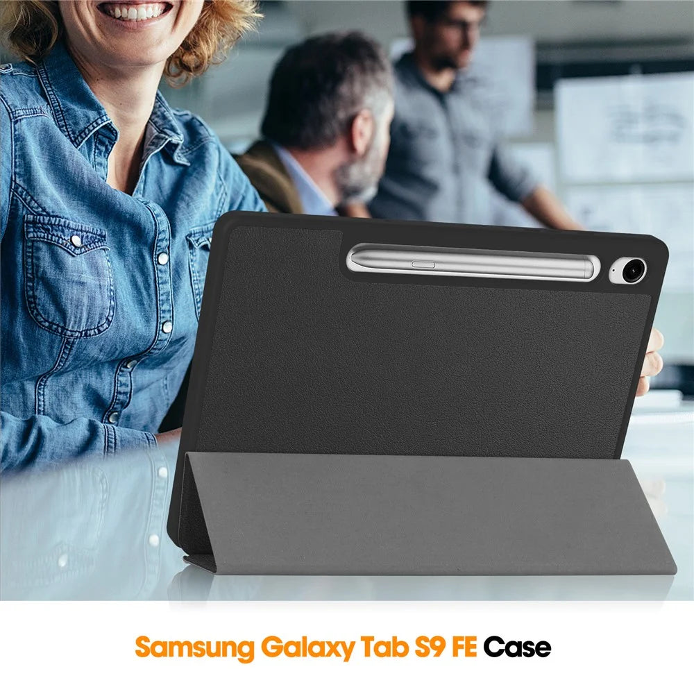 For Samsung Galaxy Tab S10 Lite / S10 FE / S9 FE / Tab S9 Smart Case PU Leather+TPU Trifold Stand Tablet Cover with Pencil Holder - Black - 7