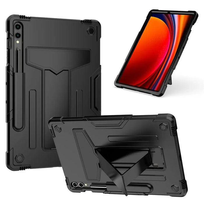 For Samsung Galaxy Tab S9+ / Tab S9 FE+ Rugged Cover T-Shaped Kickstand Protective Tablet Case - Black - 1