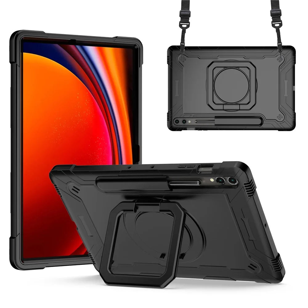For Samsung Galaxy Tab S9+ / Tab S9 FE+ Case Rotating Kickstand Tablet Cover with Shoulder Strap - Black - 1