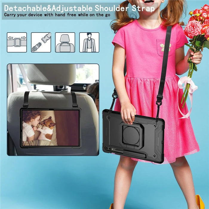For Samsung Galaxy Tab S9+ / Tab S9 FE+ Case Rotating Kickstand Tablet Cover with Shoulder Strap - Black - 4