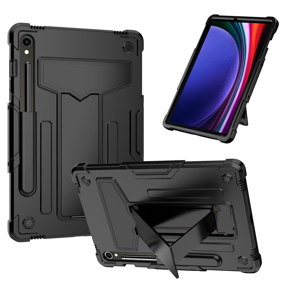 For Samsung Galaxy Tab S9 / Tab S9 FE Protective Case T-Shaped Kickstand PC+Silicone Tablet Cover - Black - 1