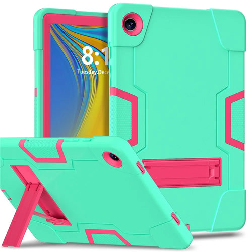 For Samsung Galaxy Tab A9+ Case Dual Color Silicone + PC Kickstand Cover - Mint Green+Rose PC - 1