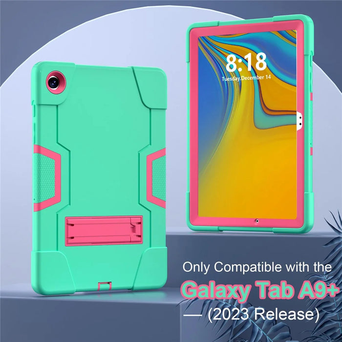 For Samsung Galaxy Tab A9+ Case Dual Color Silicone + PC Kickstand Cover - Mint Green+Rose PC - 3