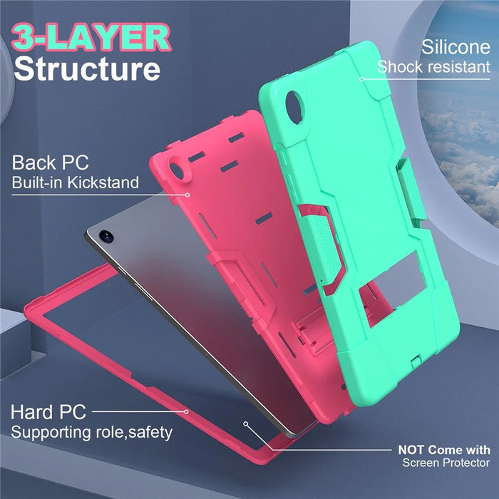 For Samsung Galaxy Tab A9+ Case Dual Color Silicone + PC Kickstand Cover - Mint Green+Rose PC - 7