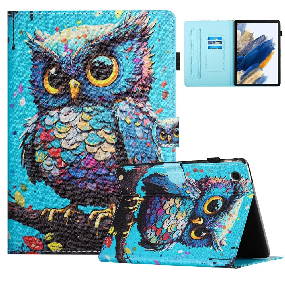For Samsung Galaxy Tab A11 / A9 Case Pattern Printing Card Holder PU Leather Cover - Owl - 1