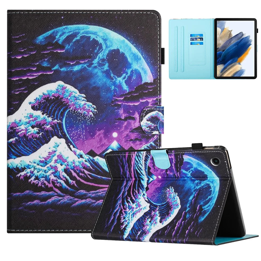For Samsung Galaxy Tab A9+ Case Pattern Printing Stitching Leather Tablet Cover - Sea Wave - 1