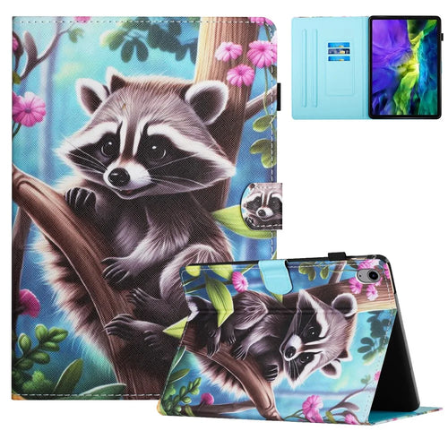 For iPad (2025) / 10.9 (2022) Case PU Leather Card Holder Pattern Printed Tablet Cover - Raccoon - 1