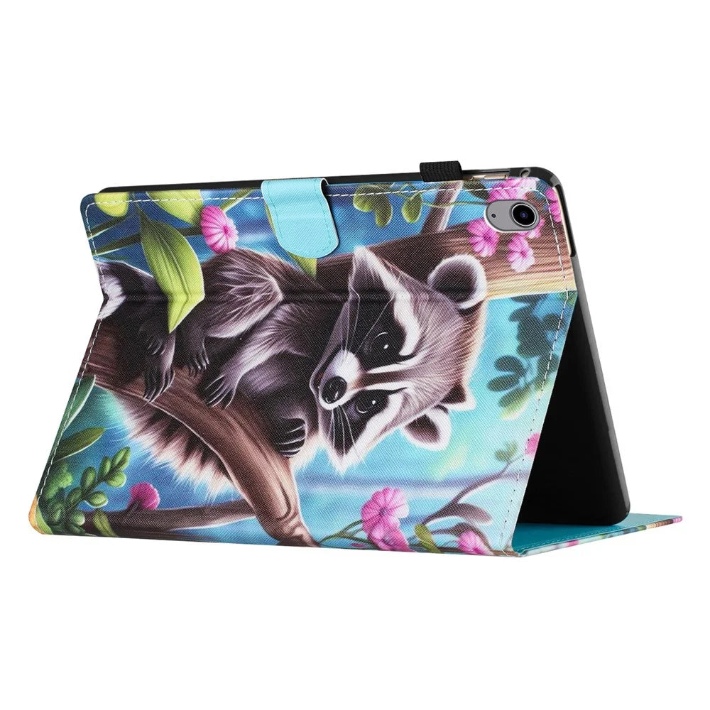 For iPad (2025) / 10.9 (2022) Case PU Leather Card Holder Pattern Printed Tablet Cover - Raccoon - 4