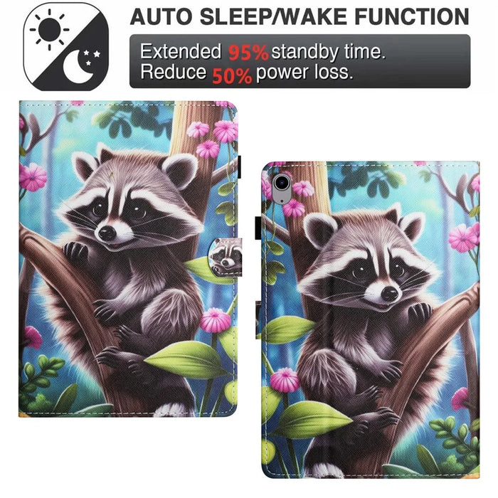 For iPad (2025) / 10.9 (2022) Case PU Leather Card Holder Pattern Printed Tablet Cover - Raccoon - 6