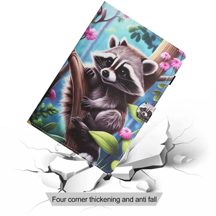 For iPad (2025) / 10.9 (2022) Case PU Leather Card Holder Pattern Printed Tablet Cover - Raccoon - 7