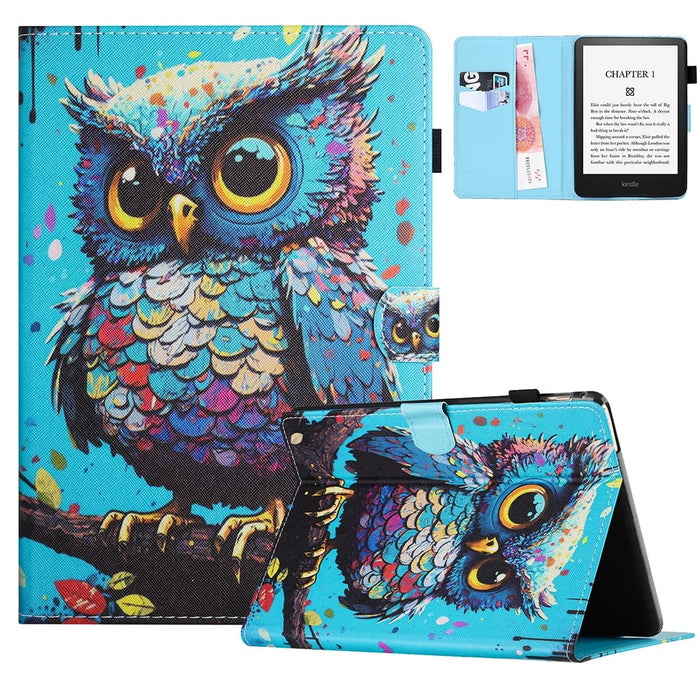 For Amazon Kindle Paperwhite 5 (2021) Case Stylish Pattern Leather Wallet E-reader Cover - Owl - 1
