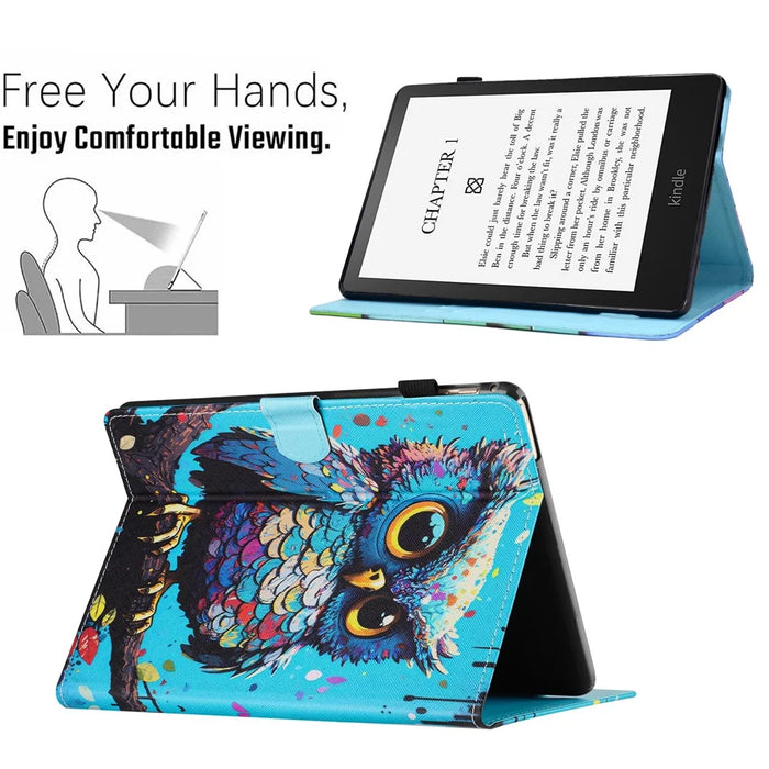 For Amazon Kindle Paperwhite 5 (2021) Case Stylish Pattern Leather Wallet E-reader Cover - Owl - 5