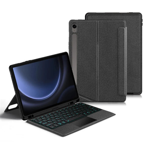 For Samsung Galaxy Tab S10 FE / S9 FE / S9 Leather Case + Bluetooth-Compatible Keyboard with Backlight Trackpad - 1