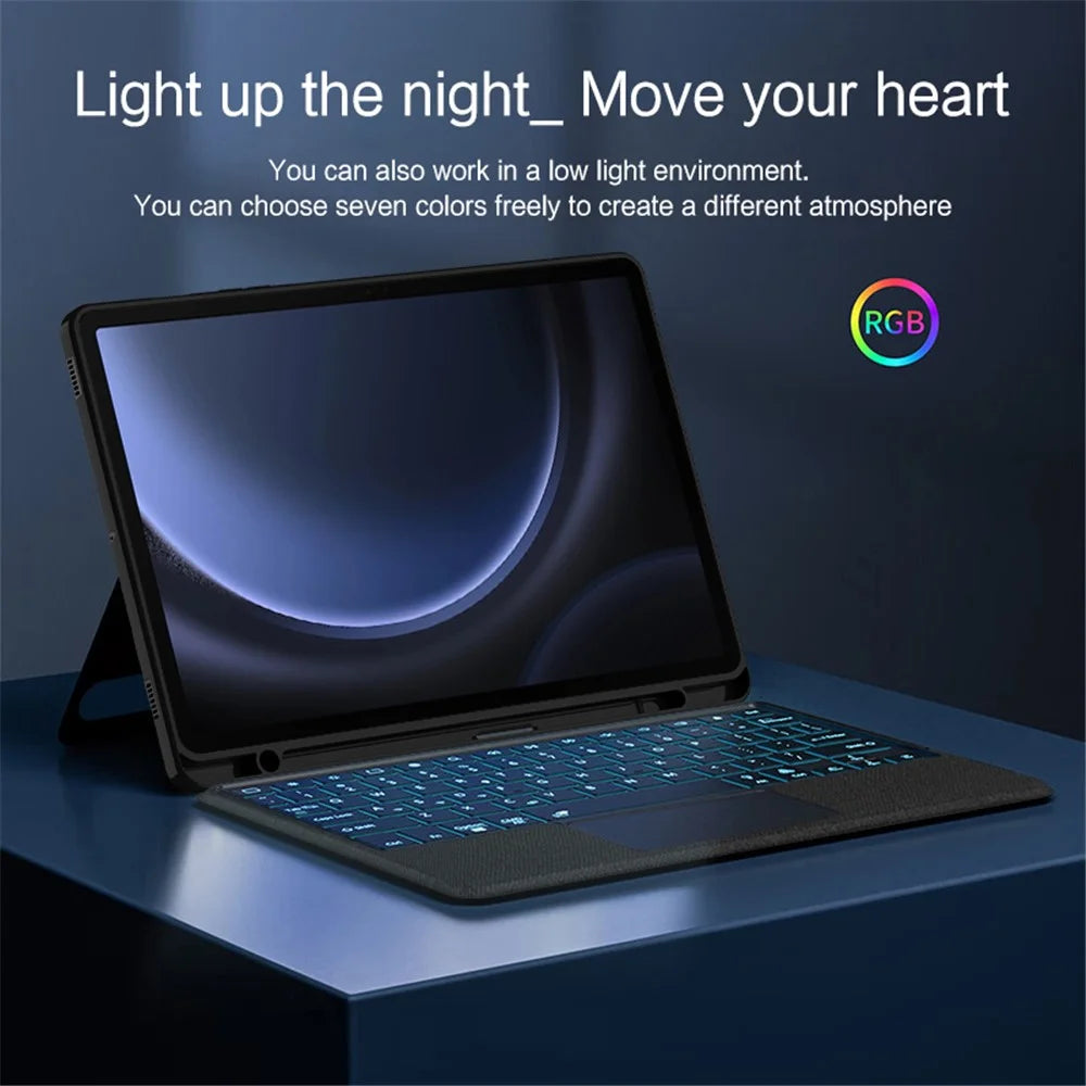 For Samsung Galaxy Tab S10 FE / S9 FE / S9 Leather Case + Bluetooth-Compatible Keyboard with Backlight Trackpad - 7