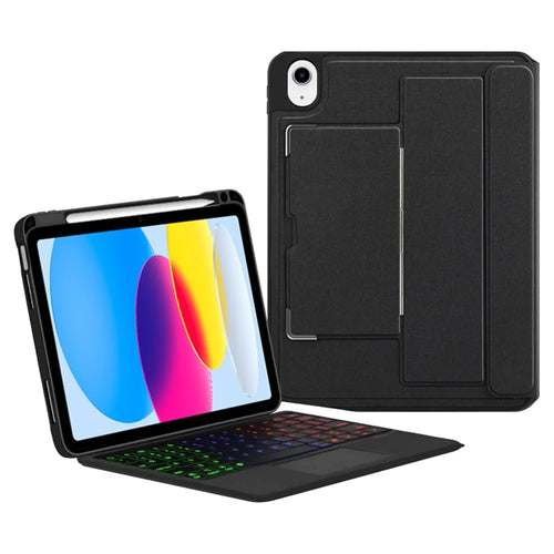 For iPad (2025) / 10.9 (2022) Leather Case + Bluetooth-Compatible Keyboard with Backlight Trackpad - Black - 1