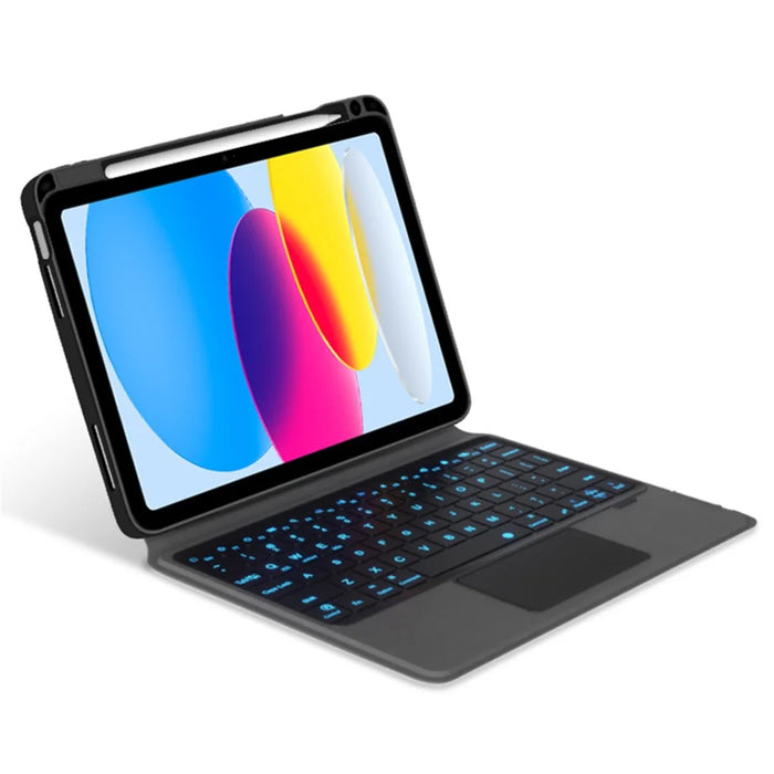 For iPad (2025) / 10.9 (2022) Leather Case + Bluetooth-Compatible Keyboard with Backlight Trackpad - Black - 2