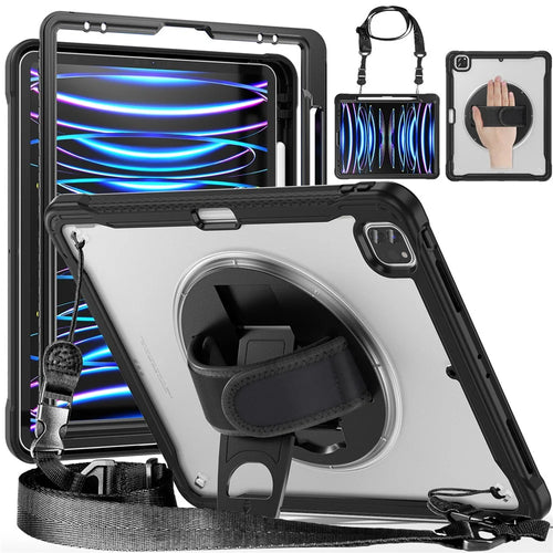 For iPad Air 13 (2026) / (2025) / (2024) / Pro 12.9 (2018) / (2020) / (2021) / (2022) Case Kickstand Tablet Cover with Strap - Black - 1