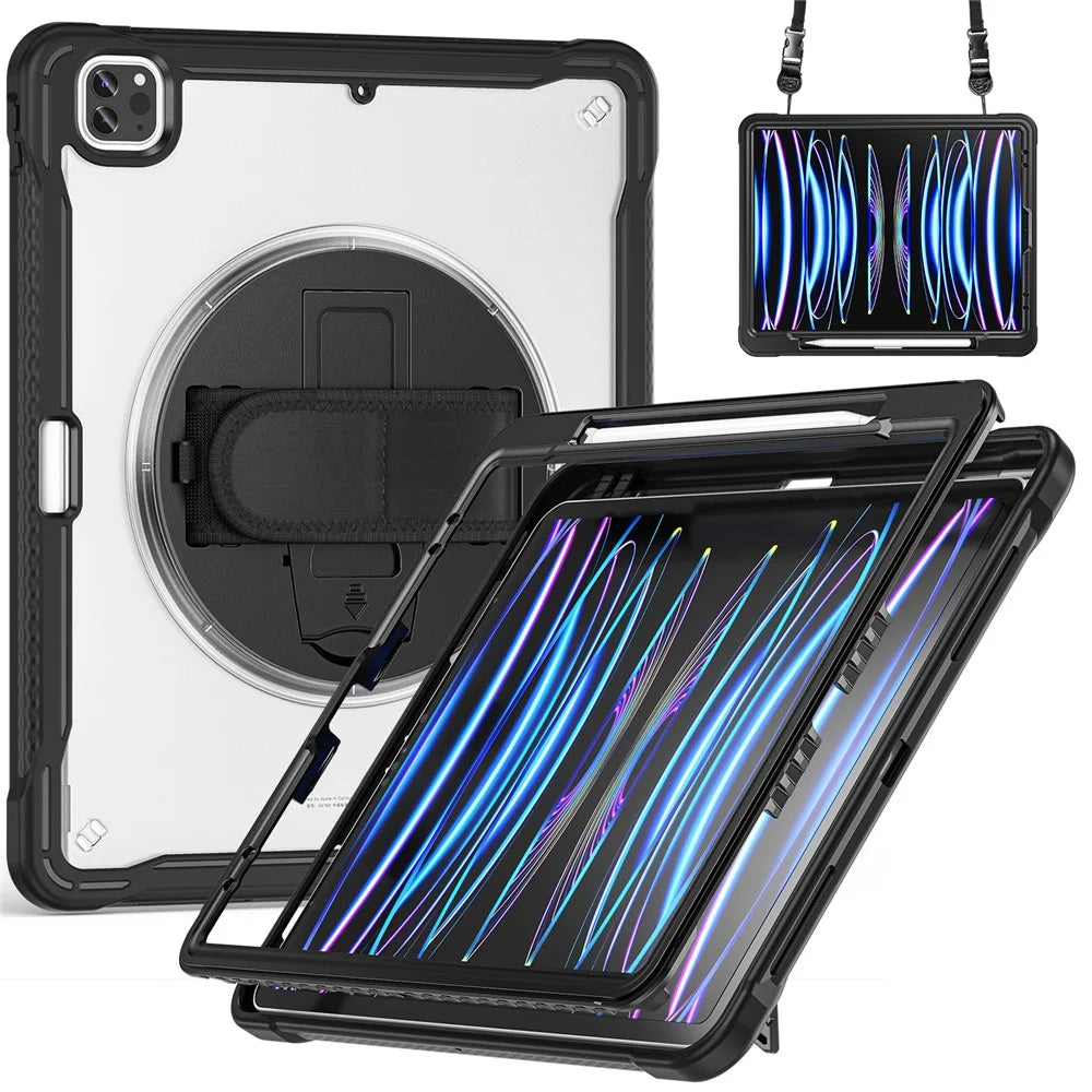 For iPad Air 13 (2026) / (2025) / (2024) / Pro 12.9 (2018) / (2020) / (2021) / (2022) Case Kickstand Tablet Cover with Strap - Black - 2