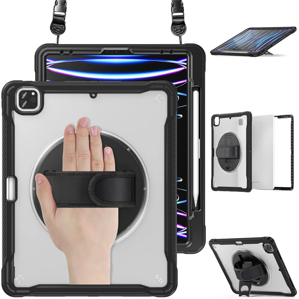 For iPad Air 13 (2026) / (2025) / (2024) / Pro 12.9 (2018) / (2020) / (2021) / (2022) Case Kickstand Tablet Cover with Strap - Black - 3