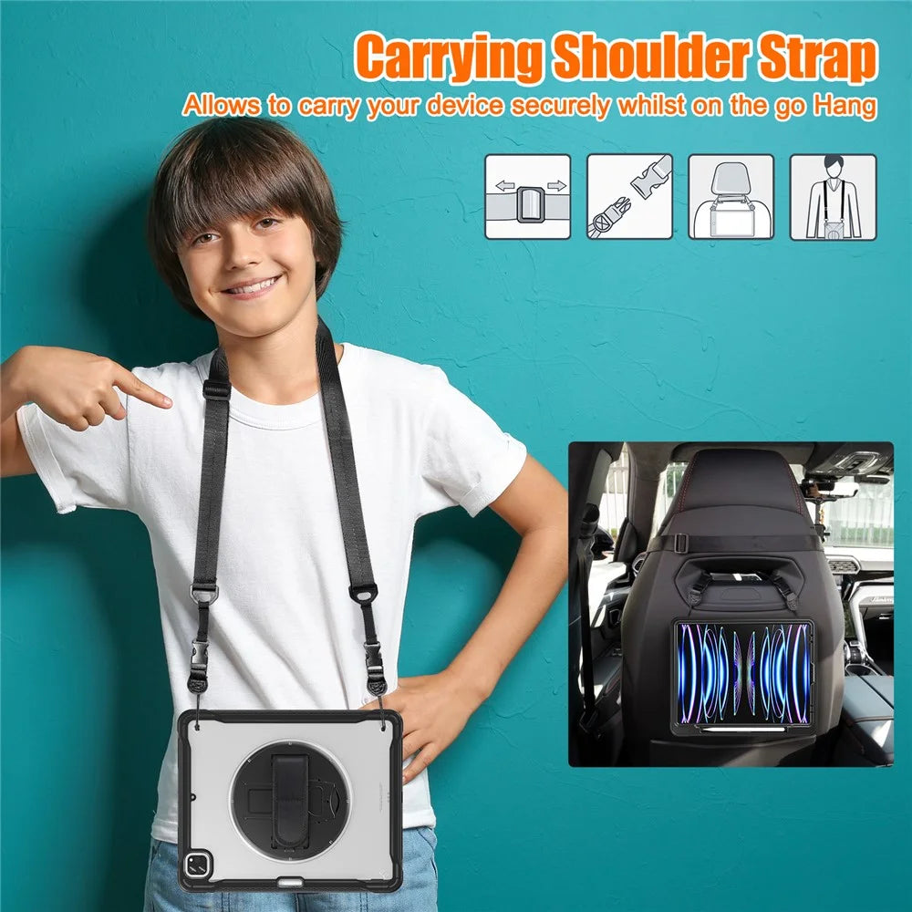 For iPad Air 13 (2026) / (2025) / (2024) / Pro 12.9 (2018) / (2020) / (2021) / (2022) Case Kickstand Tablet Cover with Strap - Black - 5