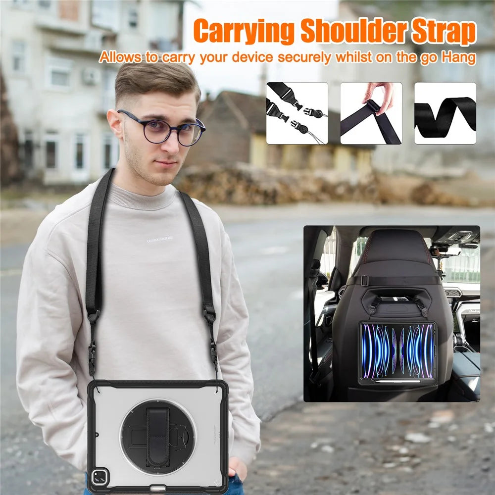 For iPad Air 13 (2026) / (2025) / (2024) / Pro 12.9 (2018) / (2020) / (2021) / (2022) Case Kickstand Tablet Cover with Strap - Black - 6