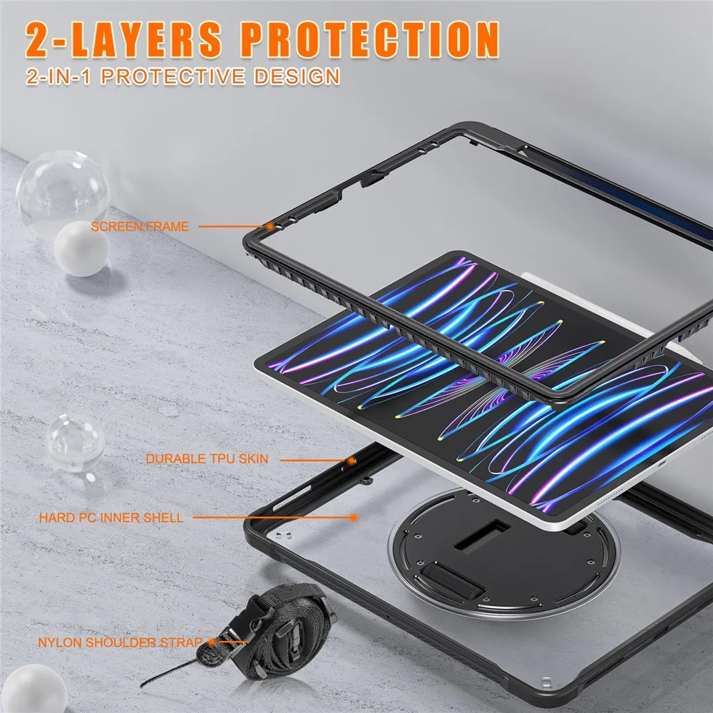 For iPad Air 13 (2026) / (2025) / (2024) / Pro 12.9 (2018) / (2020) / (2021) / (2022) Case Kickstand Tablet Cover with Strap - Black - 7