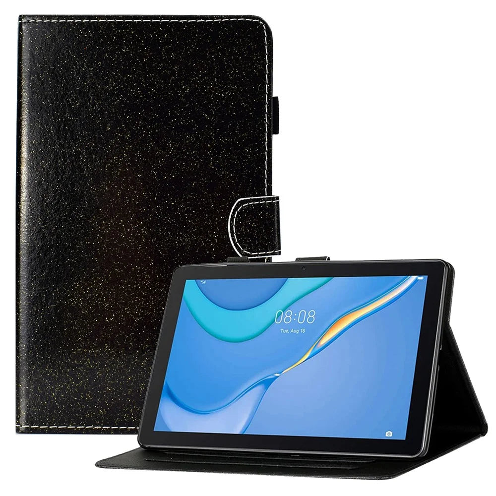 Glittery Powder Shell for Samsung Galaxy Tab A9 Case Card Slot PU Leather Tablet Cover - Black - 1