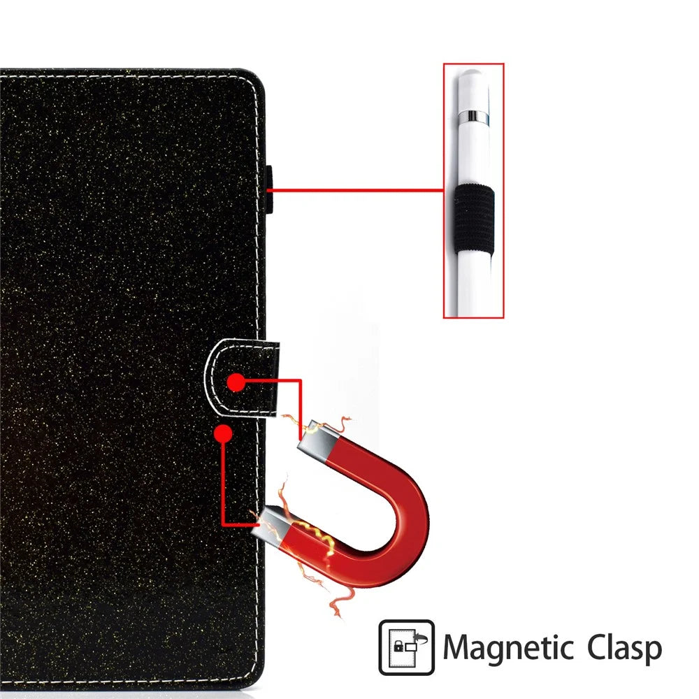 Glittery Powder Shell for Samsung Galaxy Tab A9 Case Card Slot PU Leather Tablet Cover - Black - 4