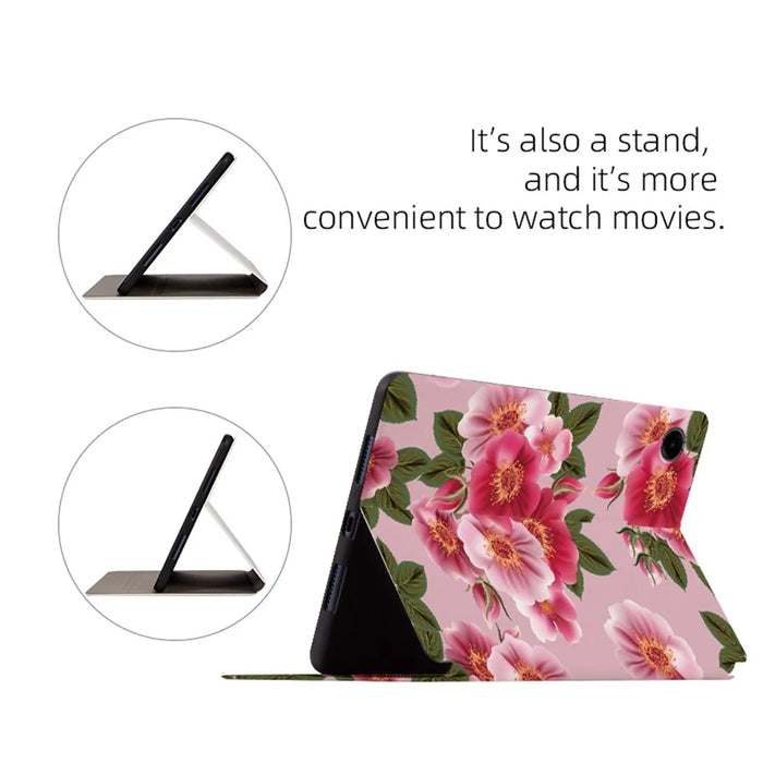 For Samsung Galaxy Tab A9 Folio Stand Cover PU Leather Pattern Printing Tablet Case - Chinese Rose - 3