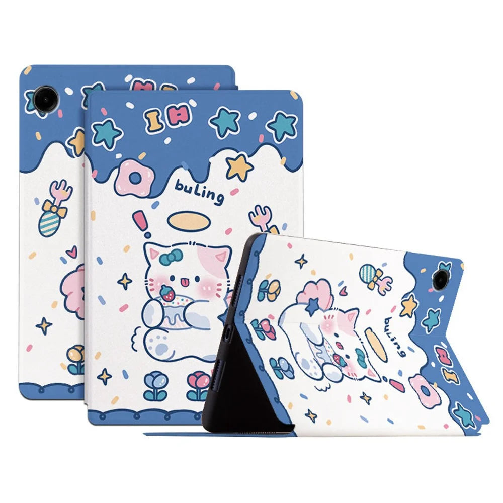 For Samsung Galaxy Tab A9 Smart Cover PU Leather Cartoon Pattern Stand Tablet Case - Angel Kitty - 1