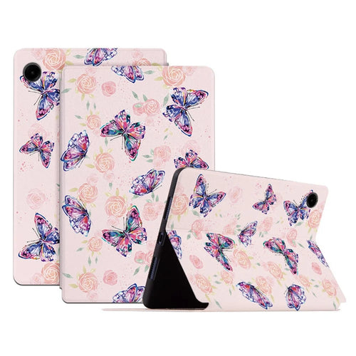 For Samsung Galaxy Tab A9 Stand Cover PU Leather Butterfly Pattern Smart Tablet Shell - Rose Butterfly - 1