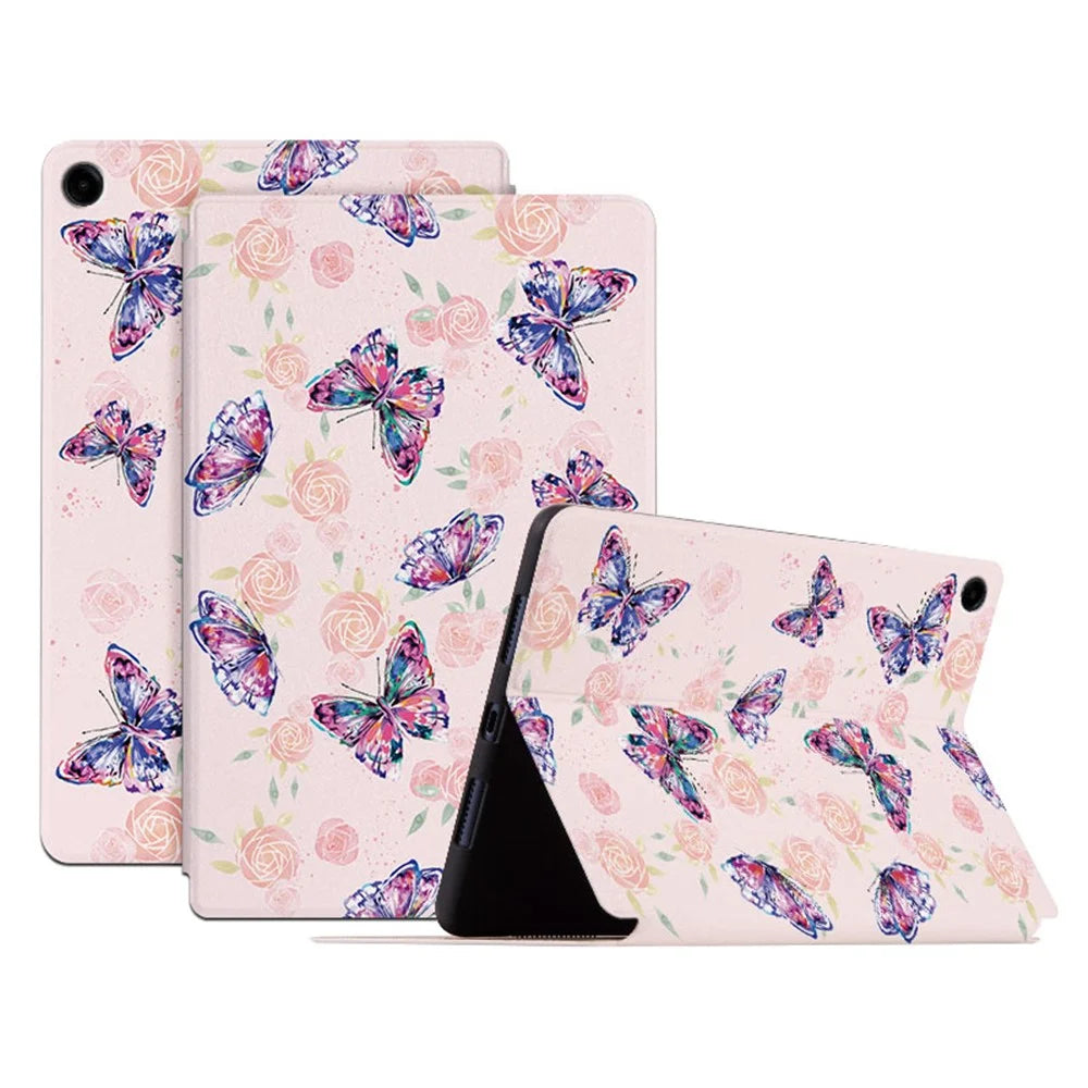 For Samsung Galaxy Tab A9+ Butterfly Pattern Cover PU Leather Smart Folio Tablet Case - Rose Butterfly - 1