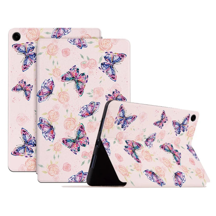 For Samsung Galaxy Tab A9+ Butterfly Pattern Cover PU Leather Smart Folio Tablet Case - Rose Butterfly - 1