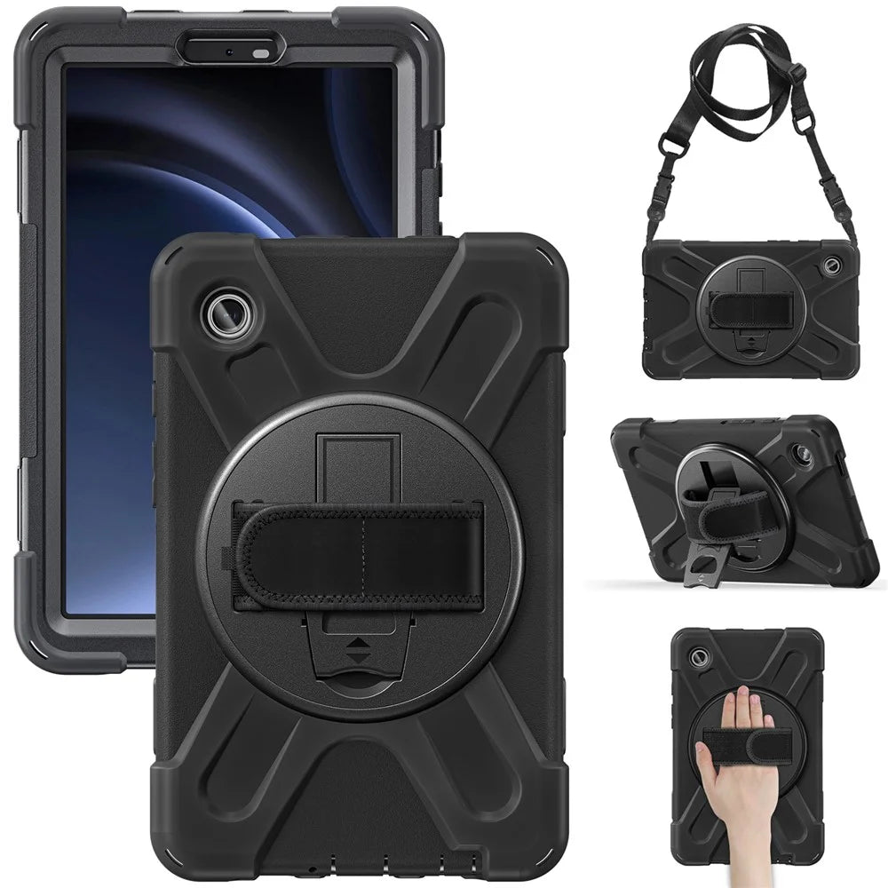 For Samsung Galaxy Tab A9 Tablet Case Kickstand PC+Silicone Cover with Hand Band / Shoulder Strap - Black - 1