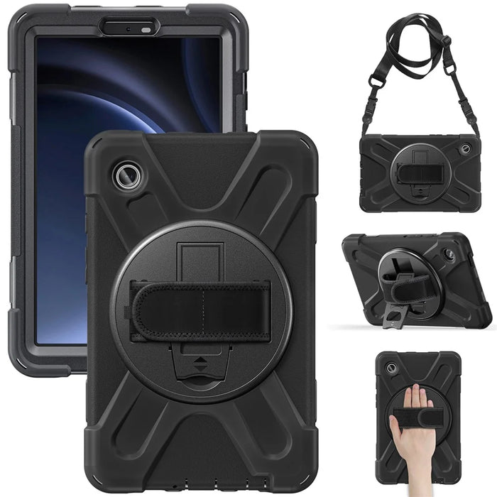 For Samsung Galaxy Tab A9 Tablet Case Kickstand PC+Silicone Cover with Hand Band / Shoulder Strap - Black - 1