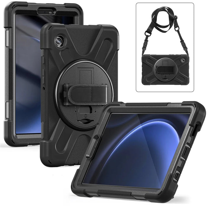 For Samsung Galaxy Tab A9 Tablet Case Kickstand PC+Silicone Cover with Hand Band / Shoulder Strap - Black - 2