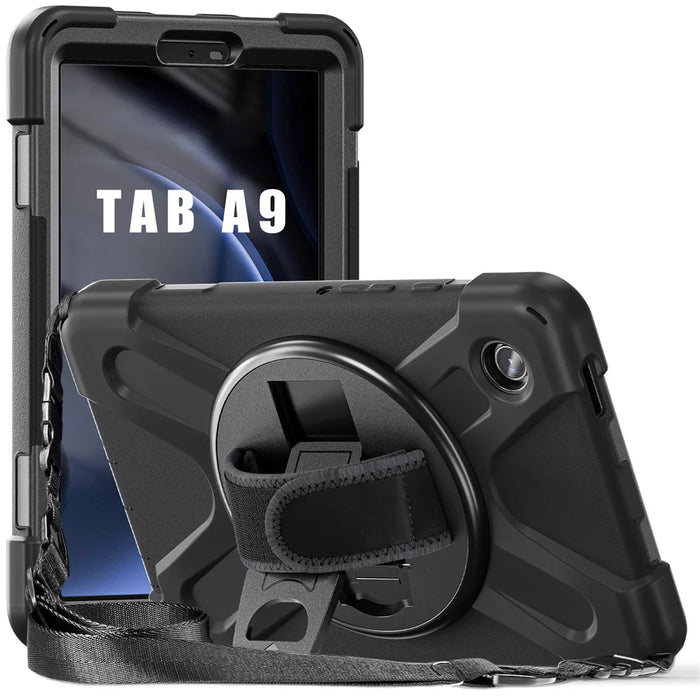 For Samsung Galaxy Tab A9 Tablet Case Kickstand PC+Silicone Cover with Hand Band / Shoulder Strap - Black - 3